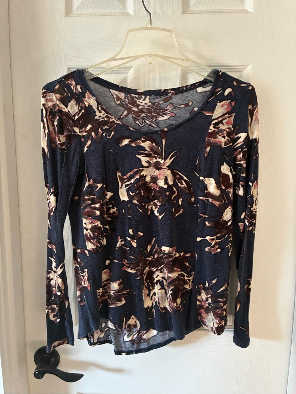 Dark Navy Floral Long-Sleeve Scoop Neck Top